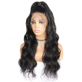 A long black body wave wig with a lace front, displayed on a mannequin bust against a white background. The brand logo 'FURINA' is visible in the top left corner.