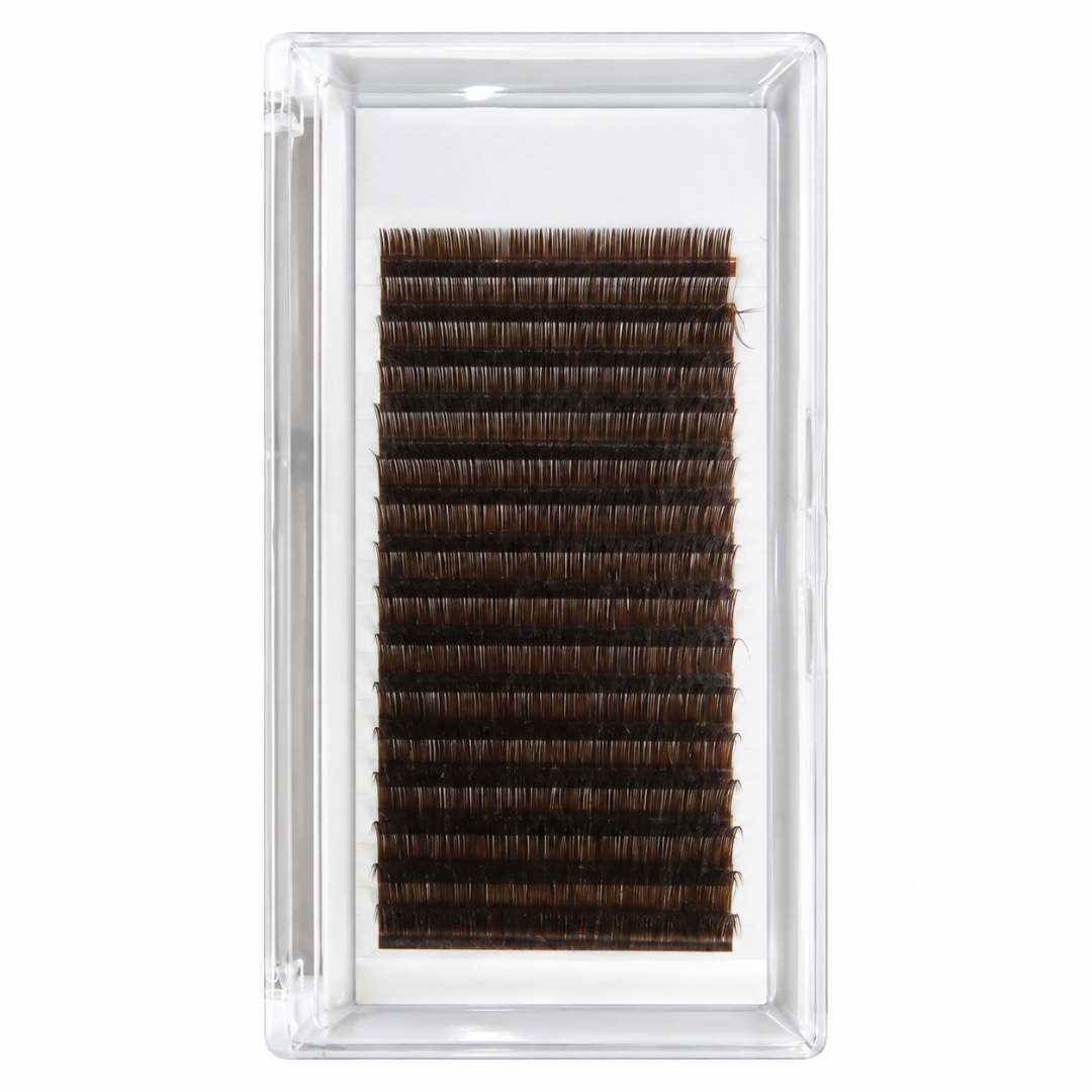 A pack of dark brown false eyelash clusters inside a clear plastic clamshell container, shown against a plain white background.